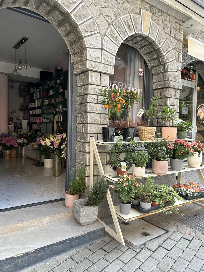 Stone arches of the shop front with flowering plants on a wooden stand